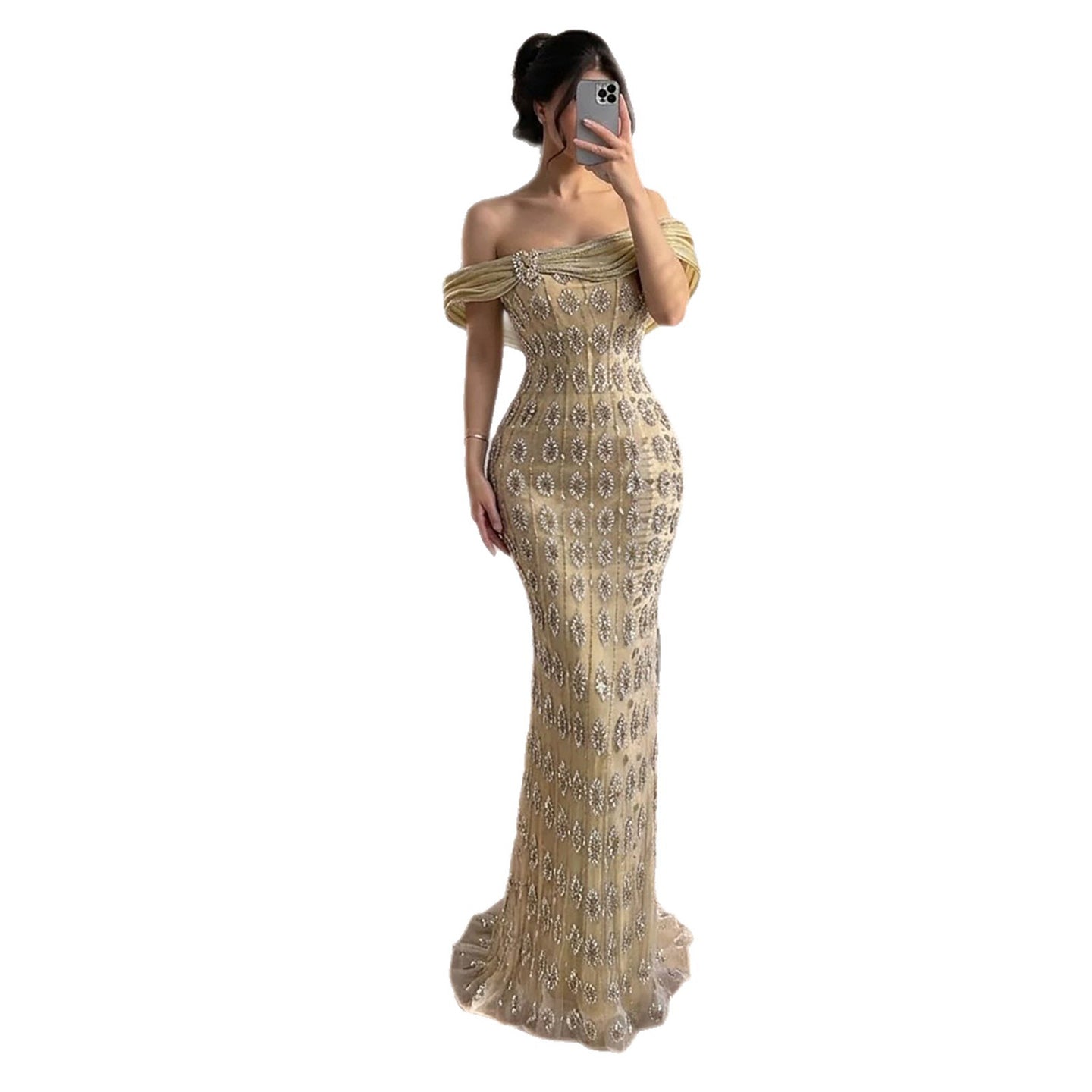 Luxury Gold Arabic Ruffles Evening Dress LA73362