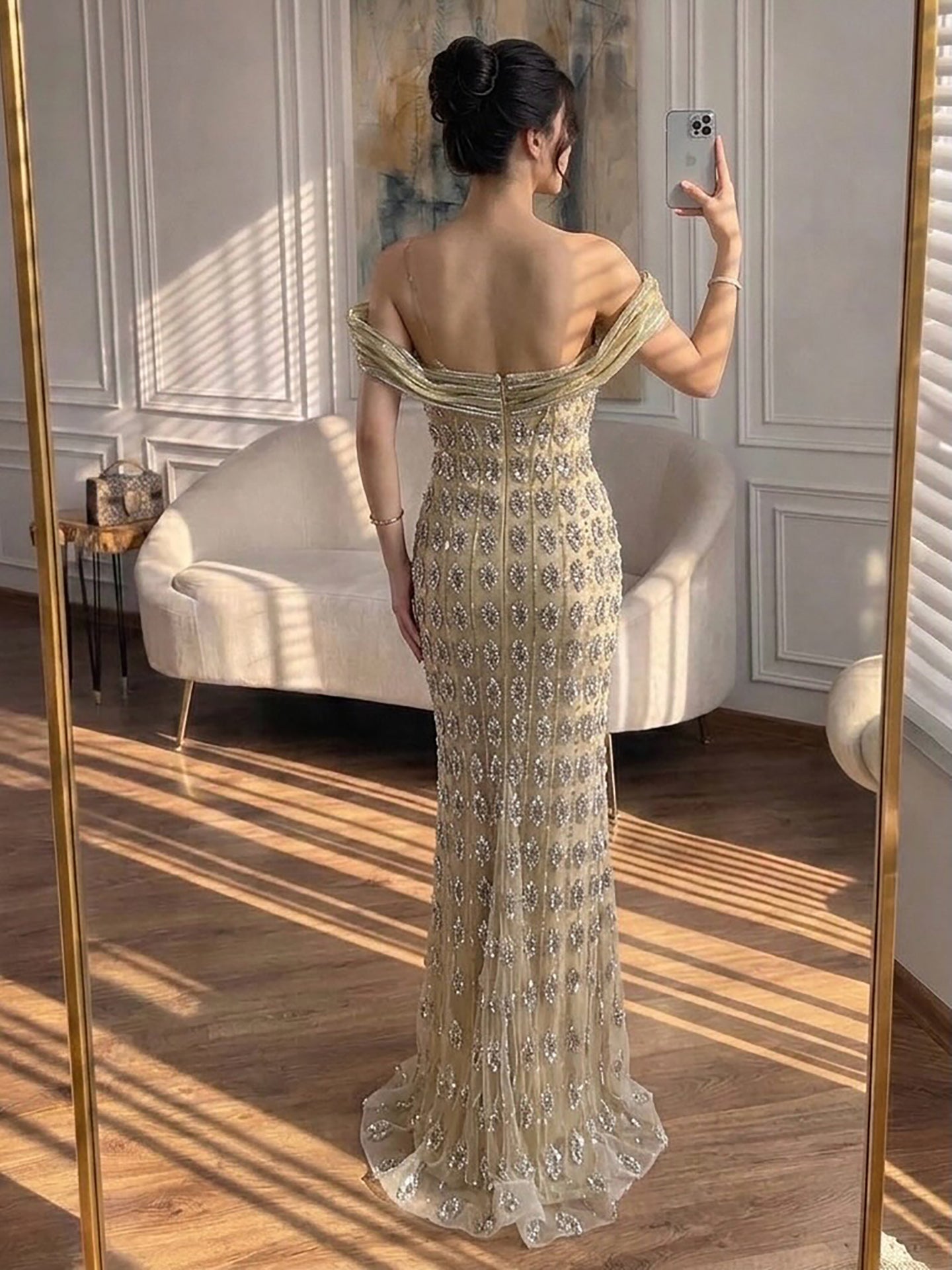 Luxury Gold Arabic Ruffles Evening Dress LA73362