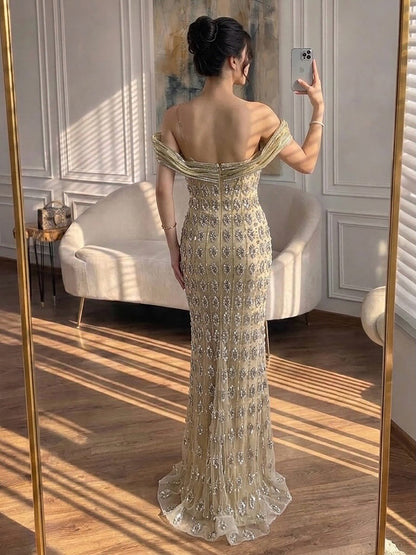 Luxury Gold Arabic Ruffles Evening Dress LA73362