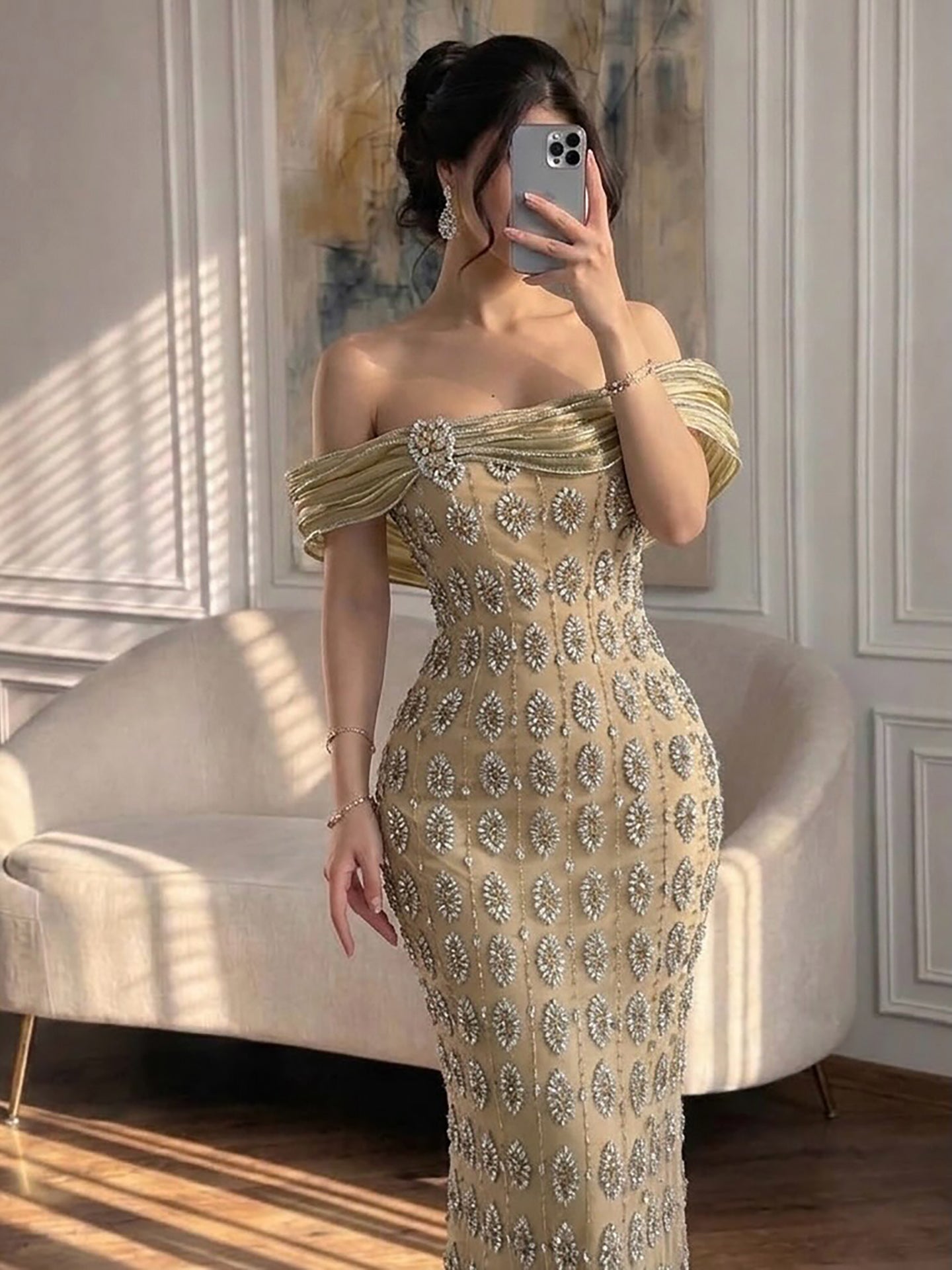 Luxury Gold Arabic Ruffles Evening Dress LA73362