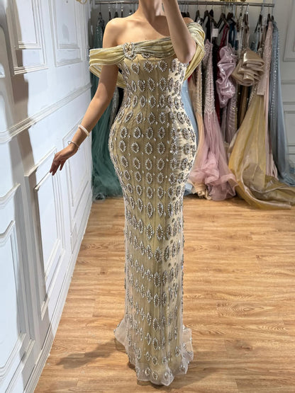 Luxury Gold Arabic Ruffles Evening Dress LA73362