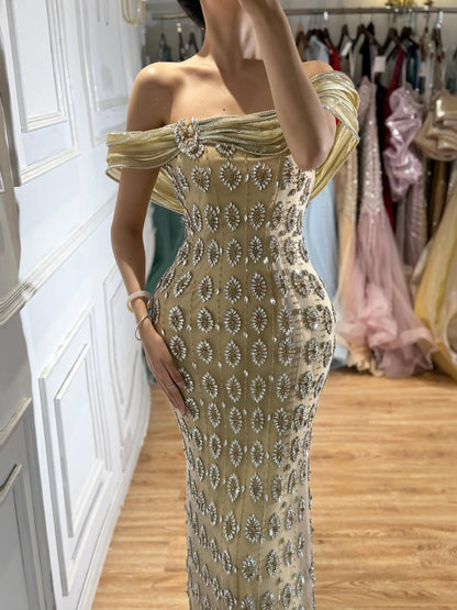 Luxury Gold Arabic Ruffles Evening Dress LA73362