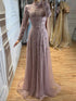 Luxury Pink Beaded Long Sleeve High Neck A Line Evening Dress LA73363 SERENE HILL