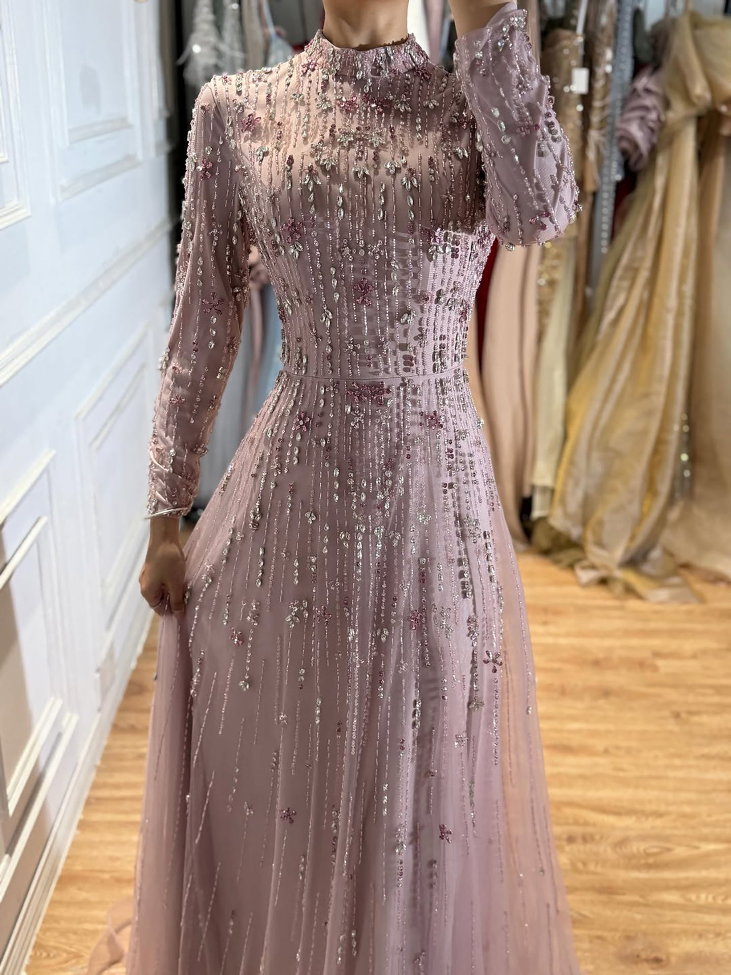 Luxury Pink Beaded Long Sleeve High Neck A Line Evening Dress LA73363 SERENE HILL
