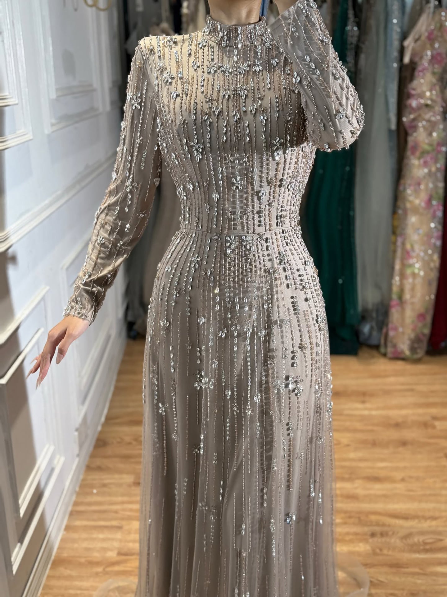 Luxury Modest  Pink Beaded Long Sleeve High Neck A Line Evening Dress LA73363 SERENE HILL