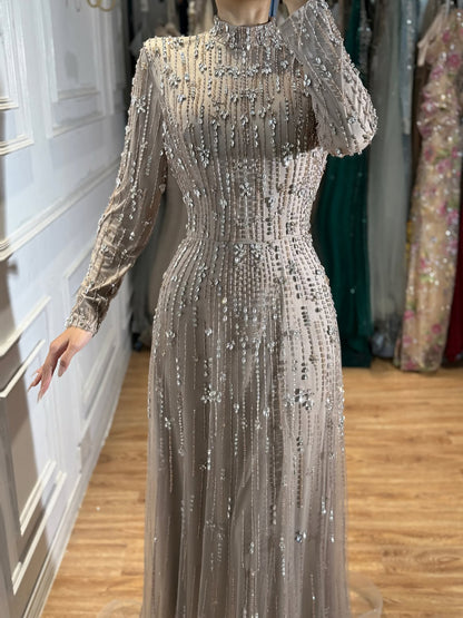 Luxury Modest  Pink Beaded Long Sleeve High Neck A Line Evening Dress LA73363 SERENE HILL