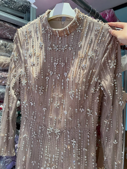 Luxury Modest  Pink Beaded Long Sleeve High Neck A Line Evening Dress LA73363 SERENE HILL