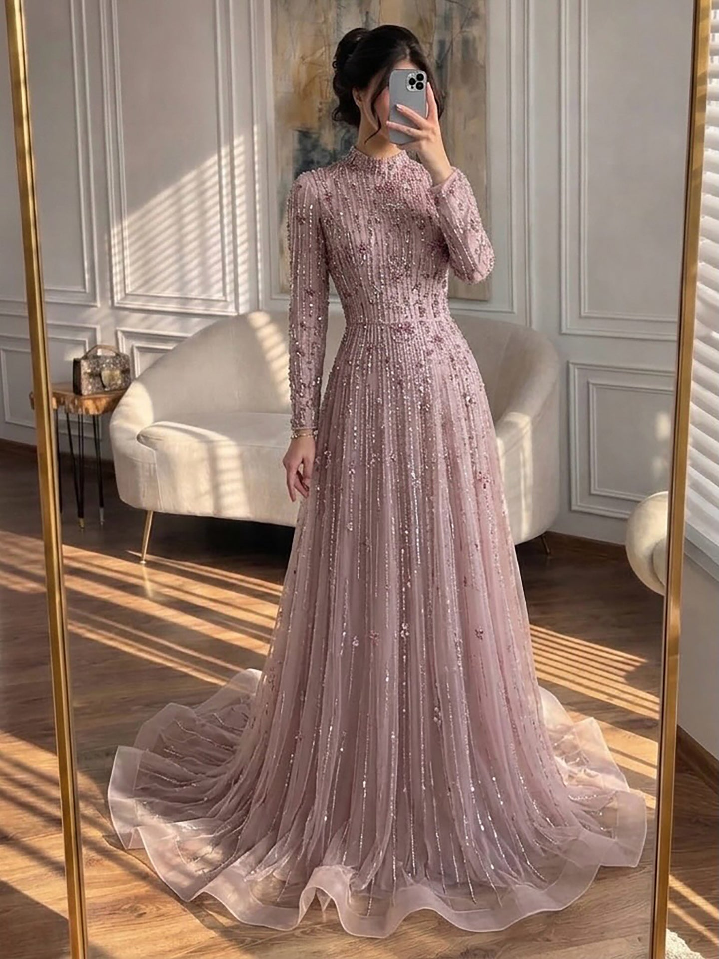 Luxury Pink Beaded Long Sleeve High Neck A Line Evening Dress LA73363 SERENE HILL