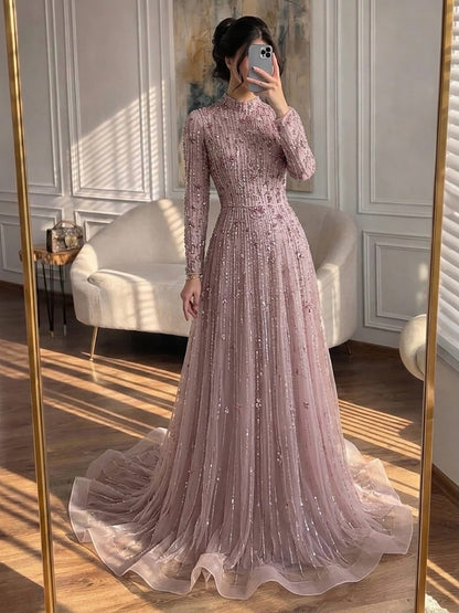 Luxury Pink Beaded Long Sleeve High Neck A Line Evening Dress LA73363 SERENE HILL
