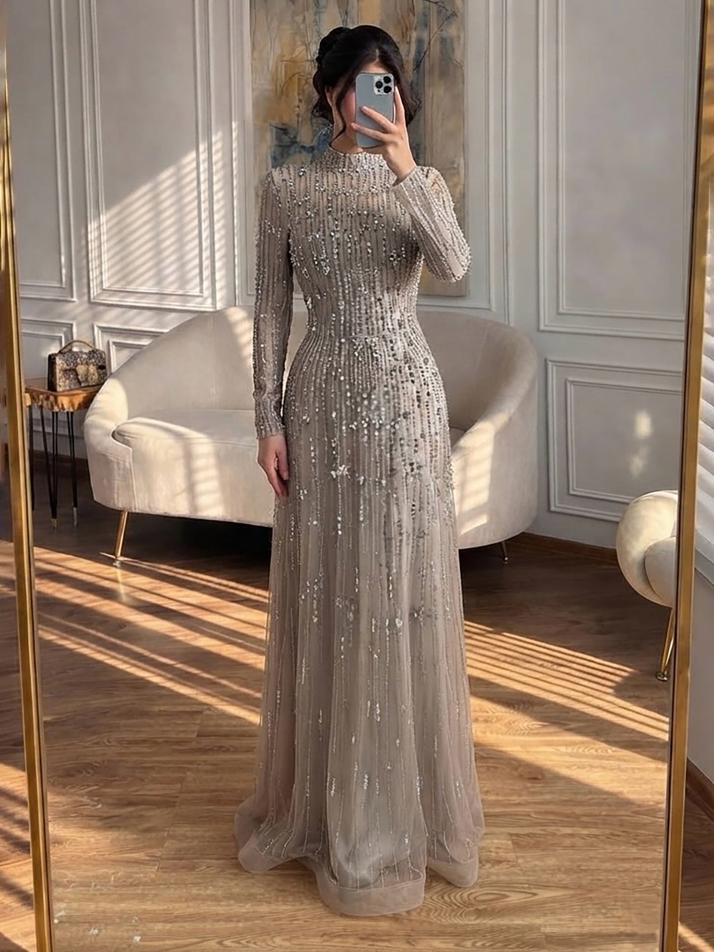 Luxury Modest  Pink Beaded Long Sleeve High Neck A Line Evening Dress LA73363 SERENE HILL