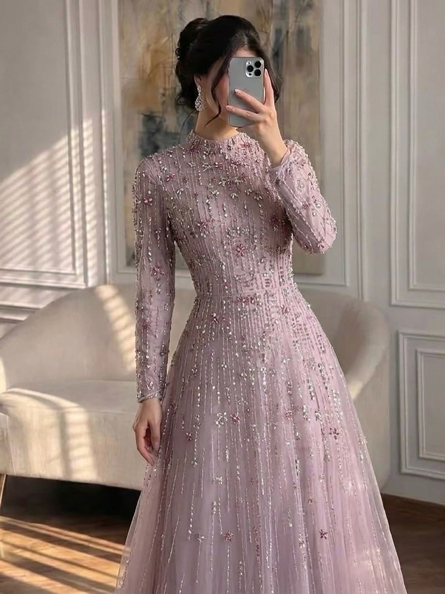 Luxury Pink Beaded Long Sleeve High Neck A Line Evening Dress LA73363 SERENE HILL