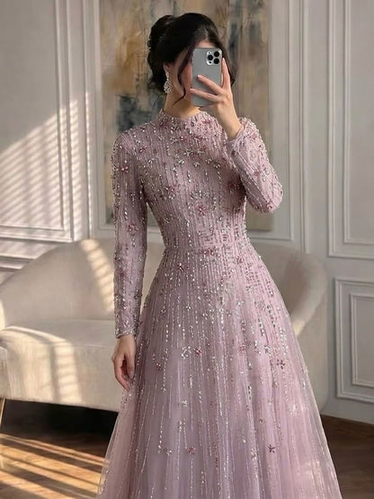Luxury Pink Beaded Long Sleeve High Neck A Line Evening Dress LA73363 SERENE HILL