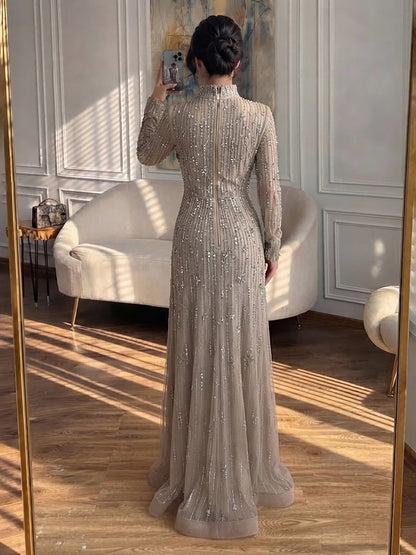 Luxury Modest  Pink Beaded Long Sleeve High Neck A Line Evening Dress LA73363 SERENE HILL