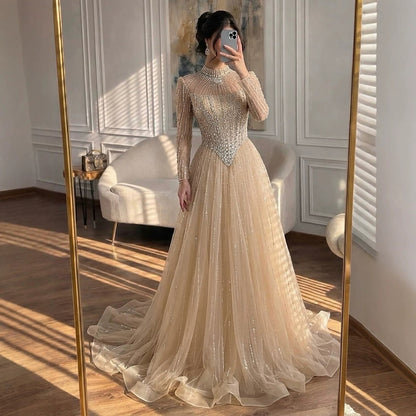 Luxury Nude Crystal Beaded A Line Evening Dress LA73753 SERENE HILL