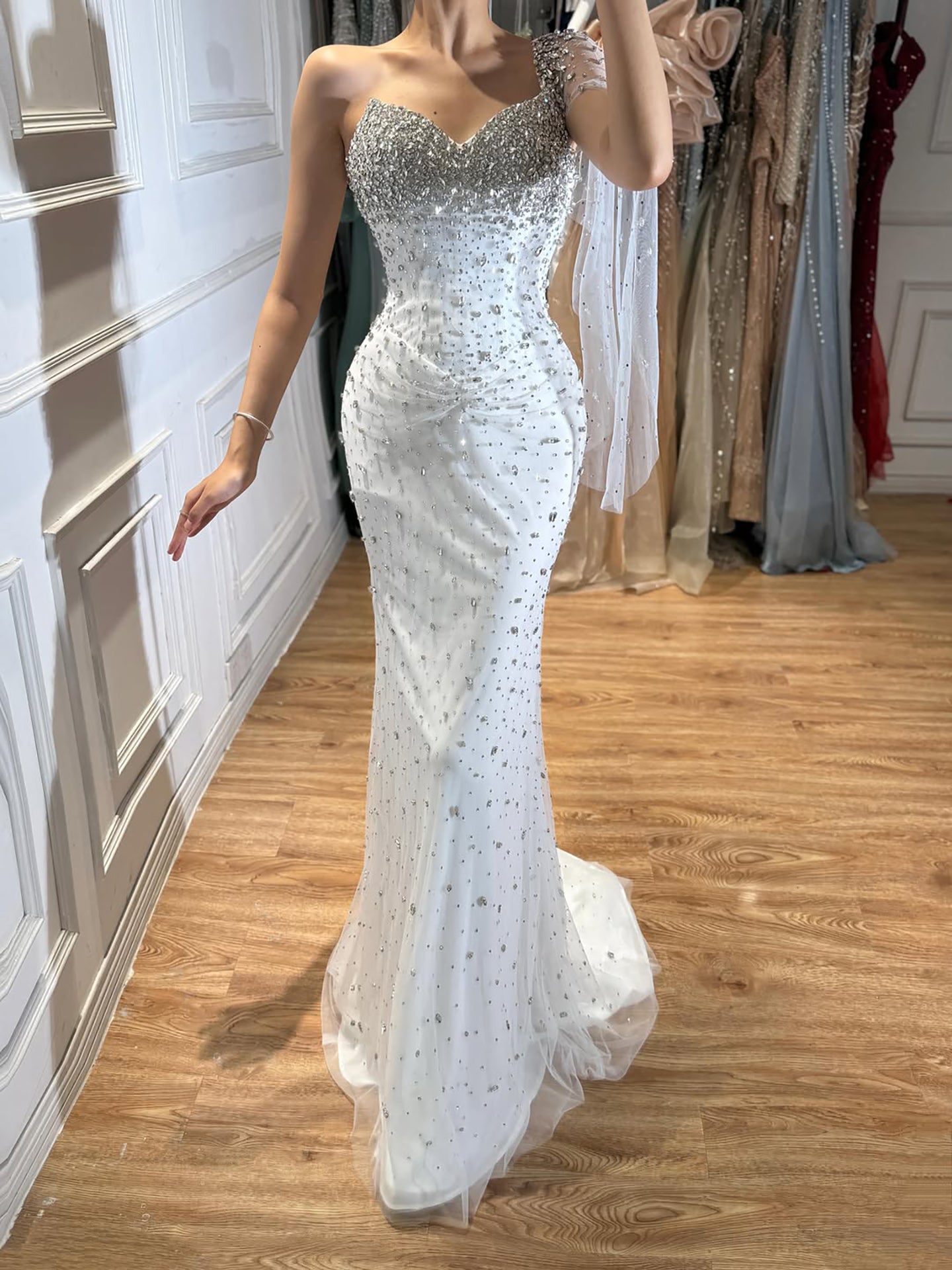 Luxury Sliver Nude Crystal Beaded One Shoulder Mermaid Evening Dress LA73364 SERENE HILL
