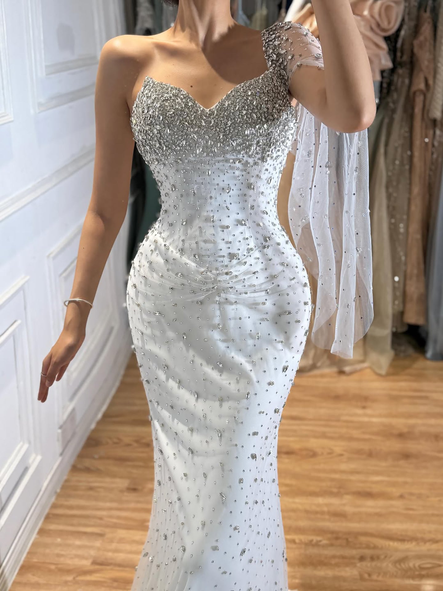 Luxury Sliver Nude Crystal Beaded One Shoulder Mermaid Evening Dress LA73364 SERENE HILL