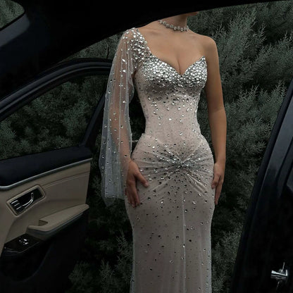 Luxury Nude Crystal Beaded One Shoulder Mermaid Evening Dress LA73364 SERENE HILL