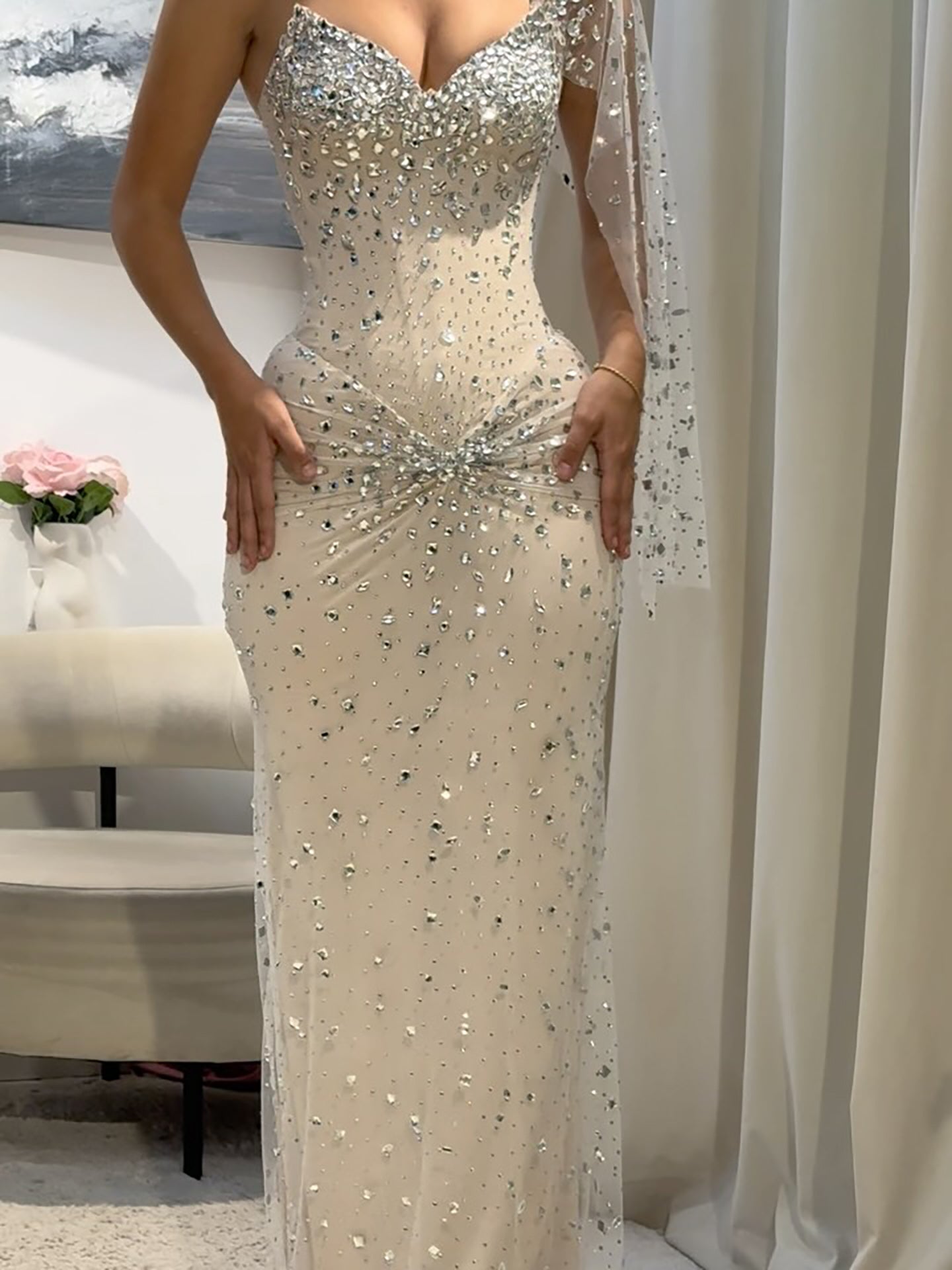 Luxury Nude Crystal Beaded One Shoulder Mermaid Evening Dress LA73364 SERENE HILL