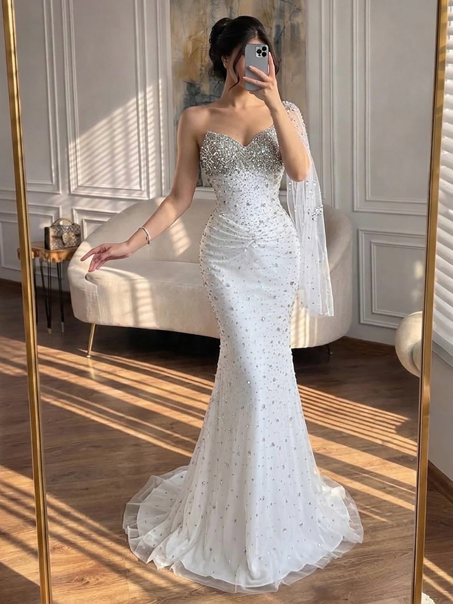 Luxury Sliver Nude Crystal Beaded One Shoulder Mermaid Evening Dress LA73364 SERENE HILL