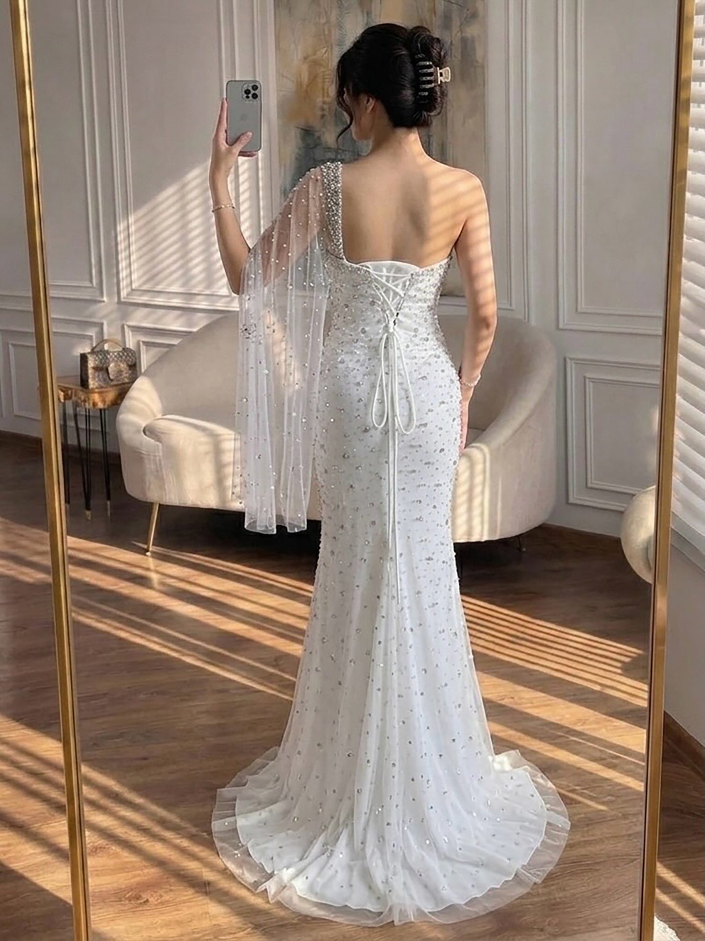 Luxury Sliver Nude Crystal Beaded One Shoulder Mermaid Evening Dress LA73364 SERENE HILL