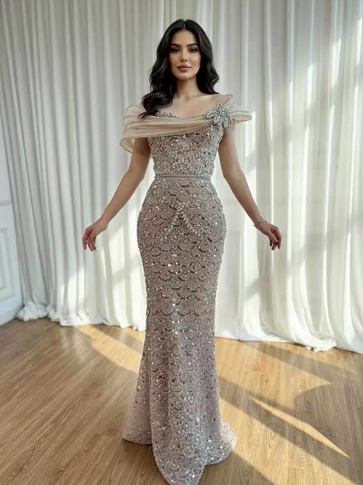 Luxury Nude Beaded Off Shoulder Mermaid Evening Dress LA73365A - SERENE HILL