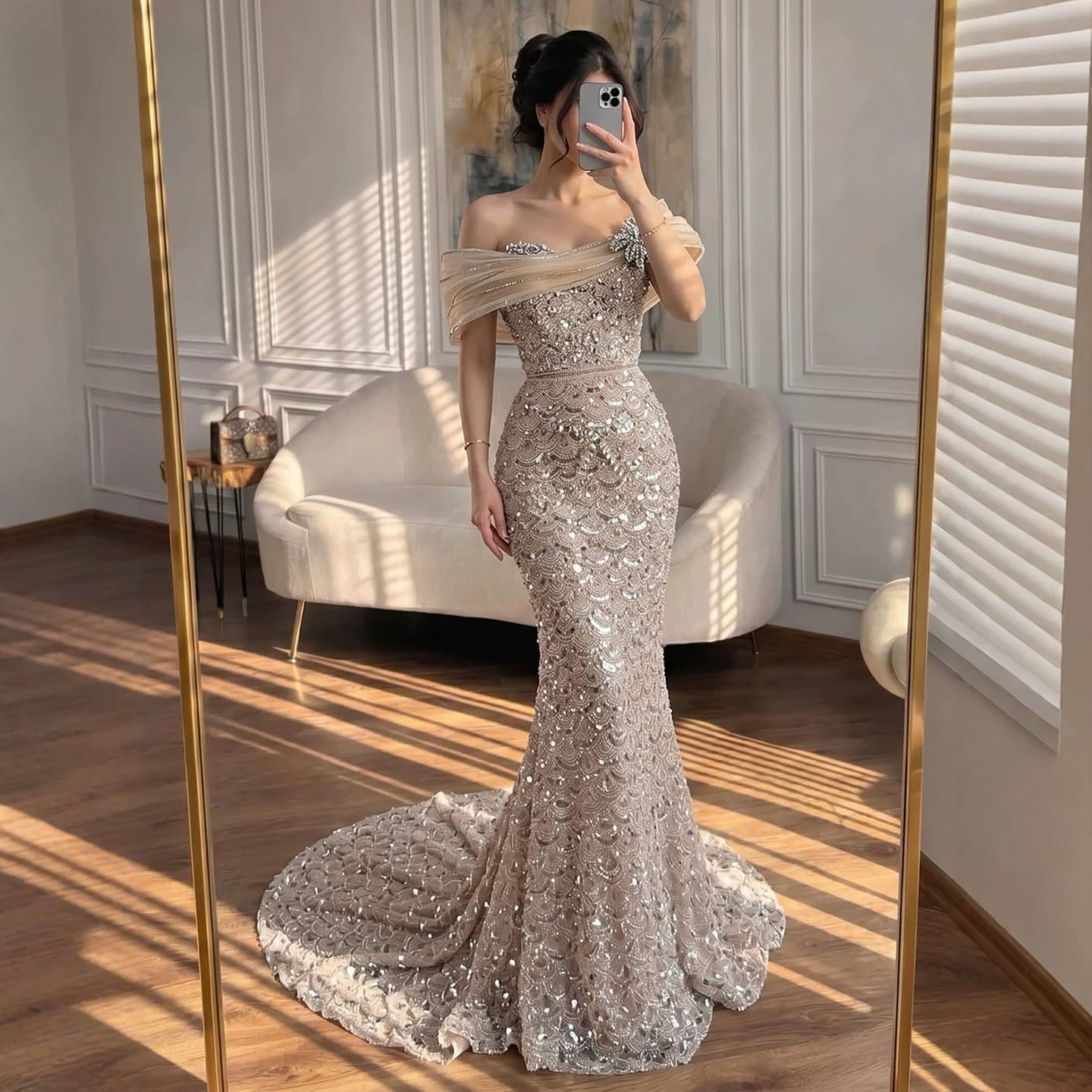 Luxury Nude Beaded Off Shoulder Mermaid Evening Dress LA73365A Nude / 14