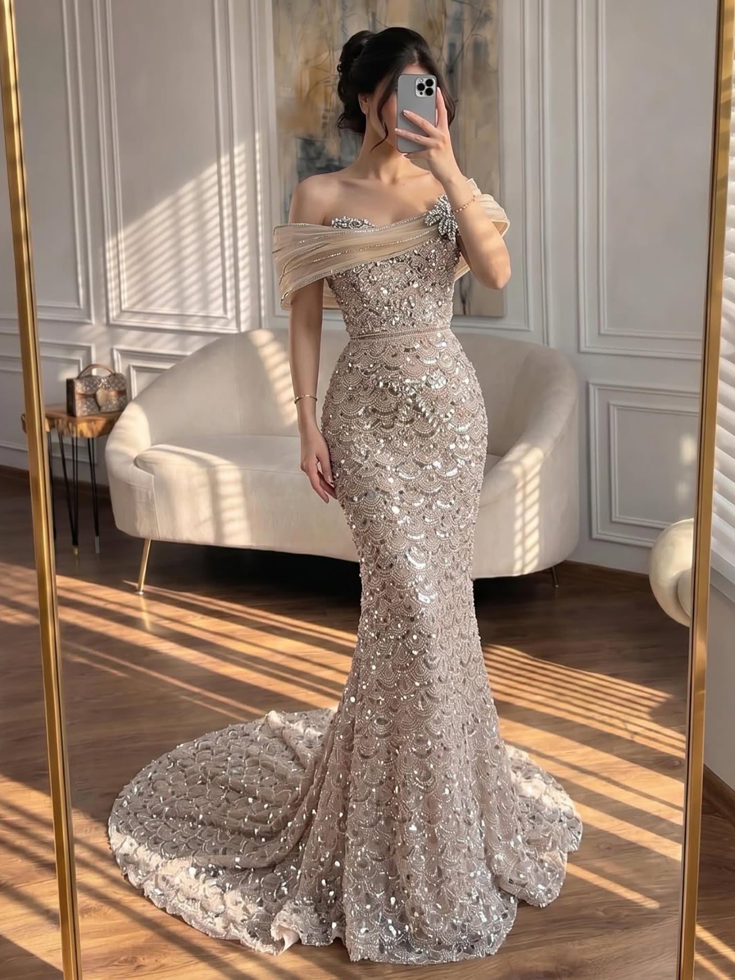 Luxury Nude Beaded Off Shoulder Mermaid Evening Dress LA73365A