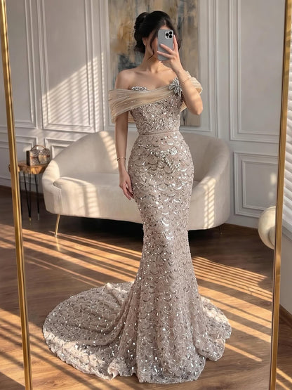 Luxury Nude Beaded Off Shoulder Mermaid Evening Dress LA73365A
