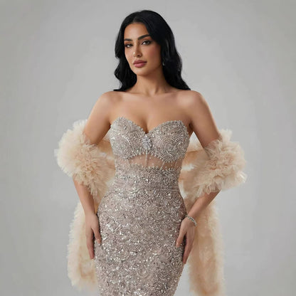 Luxury Arabic Cream Evening Dress With Cape LA73365B