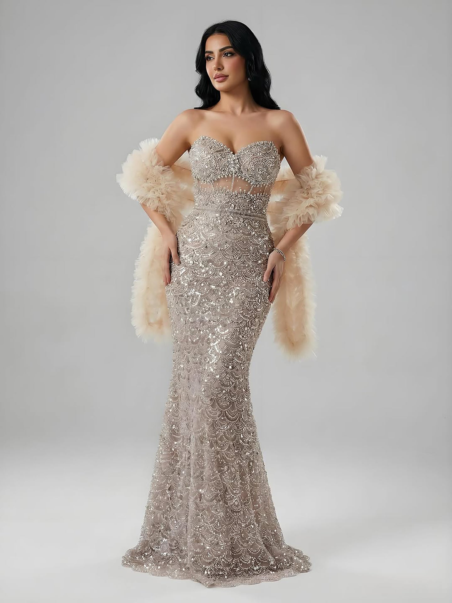Luxury Arabic Cream Evening Dress With Cape LA73365B