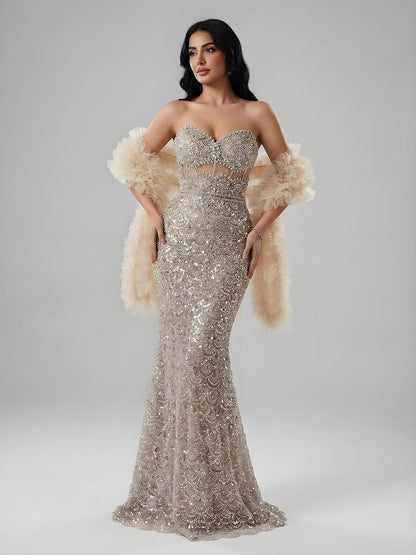 Luxury Arabic Cream Evening Dress With Cape LA73365B