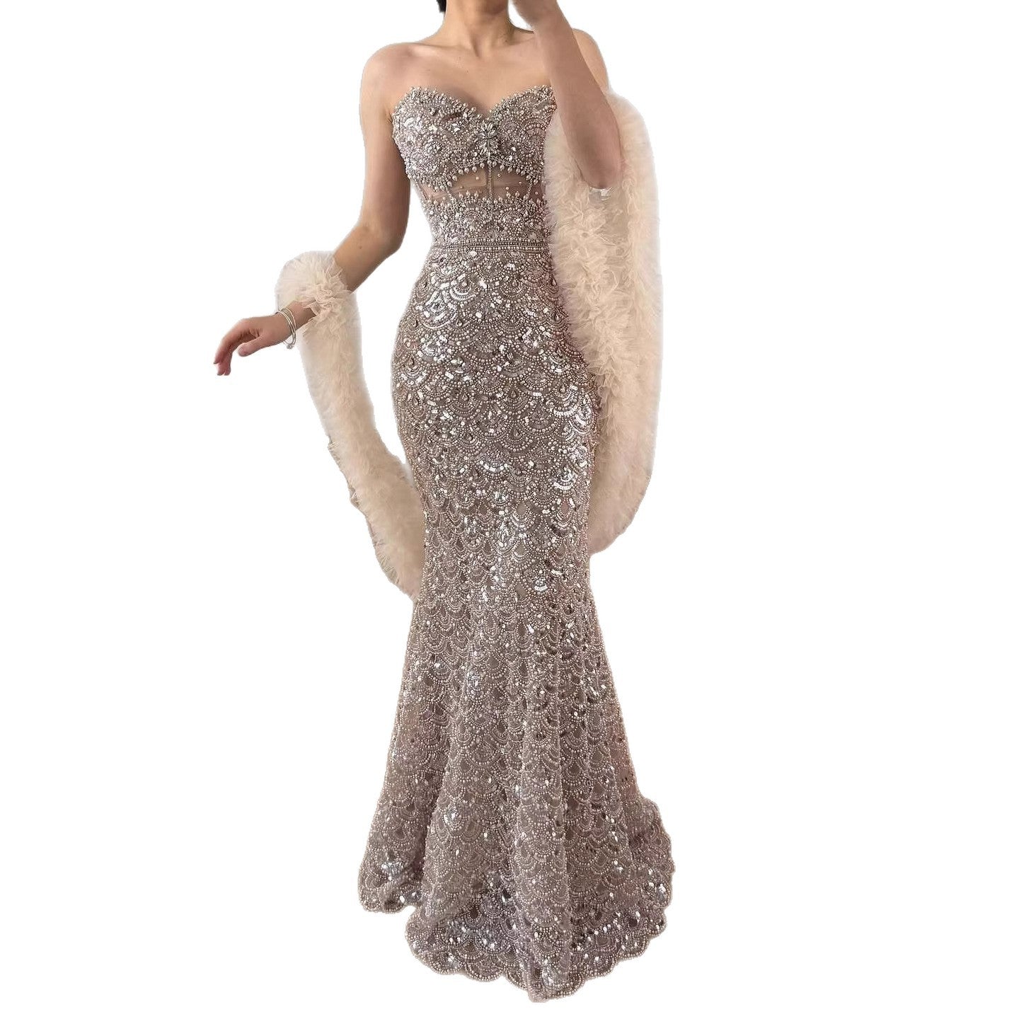 Luxury Arabic Cream Evening Dress With Cape LA73365B