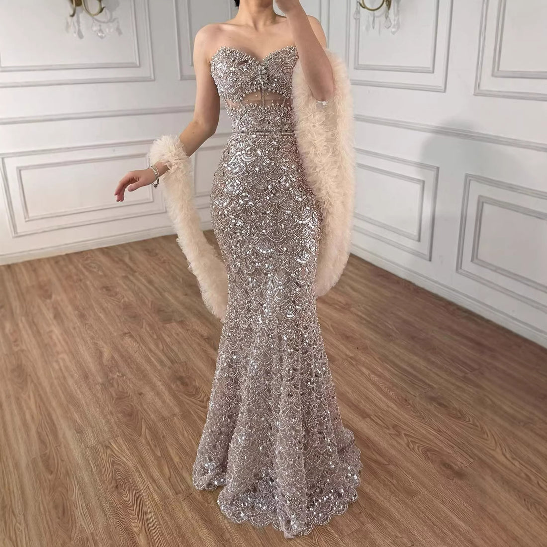 Luxury Arabic Cream Evening Dress With Cape LA73365B