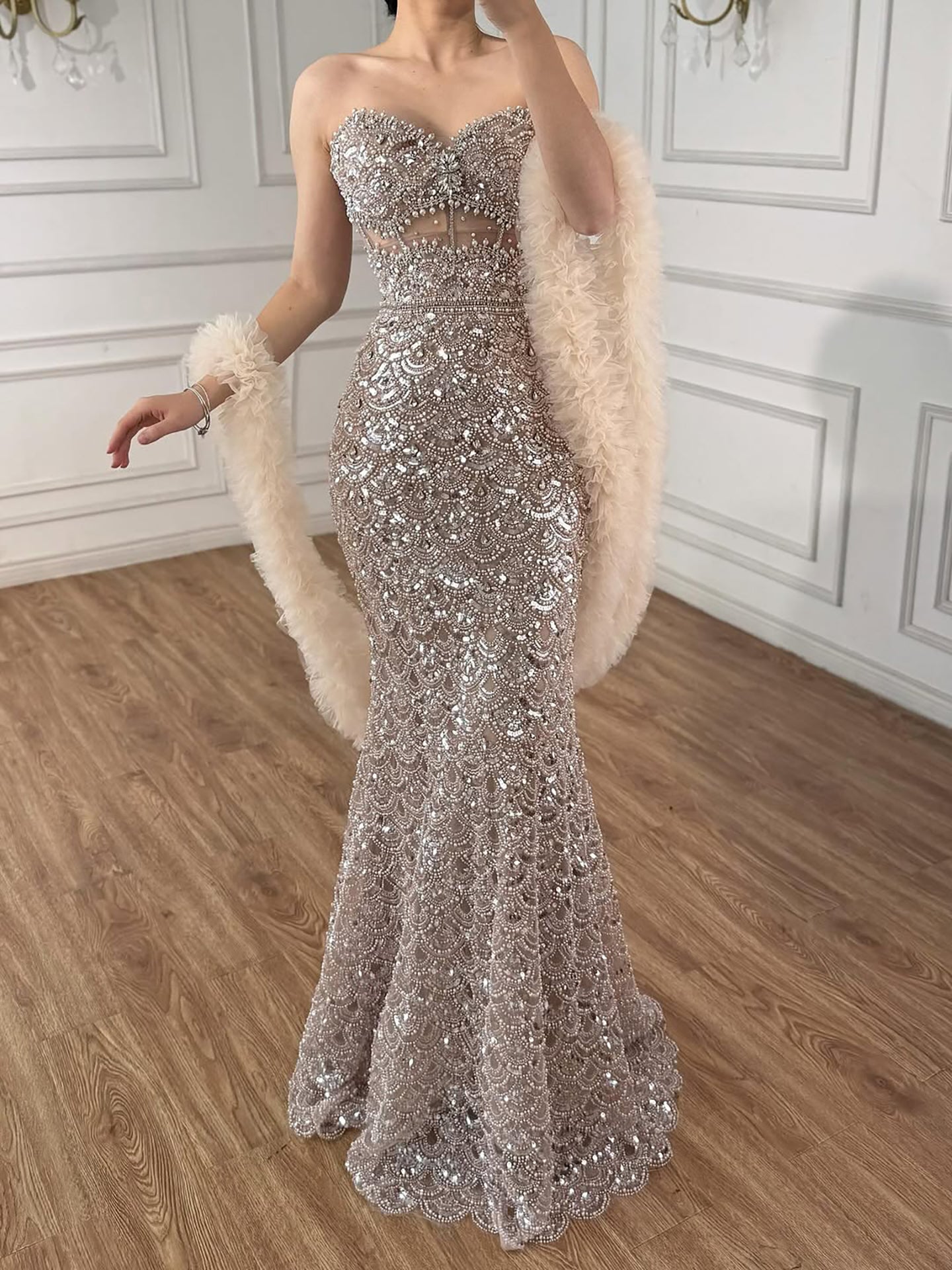 Luxury Arabic Cream Evening Dress With Cape LA73365B