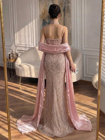 Luxury Pink Beaded Mermaid Evening Dress with Cape LA73366 SERENE HILL