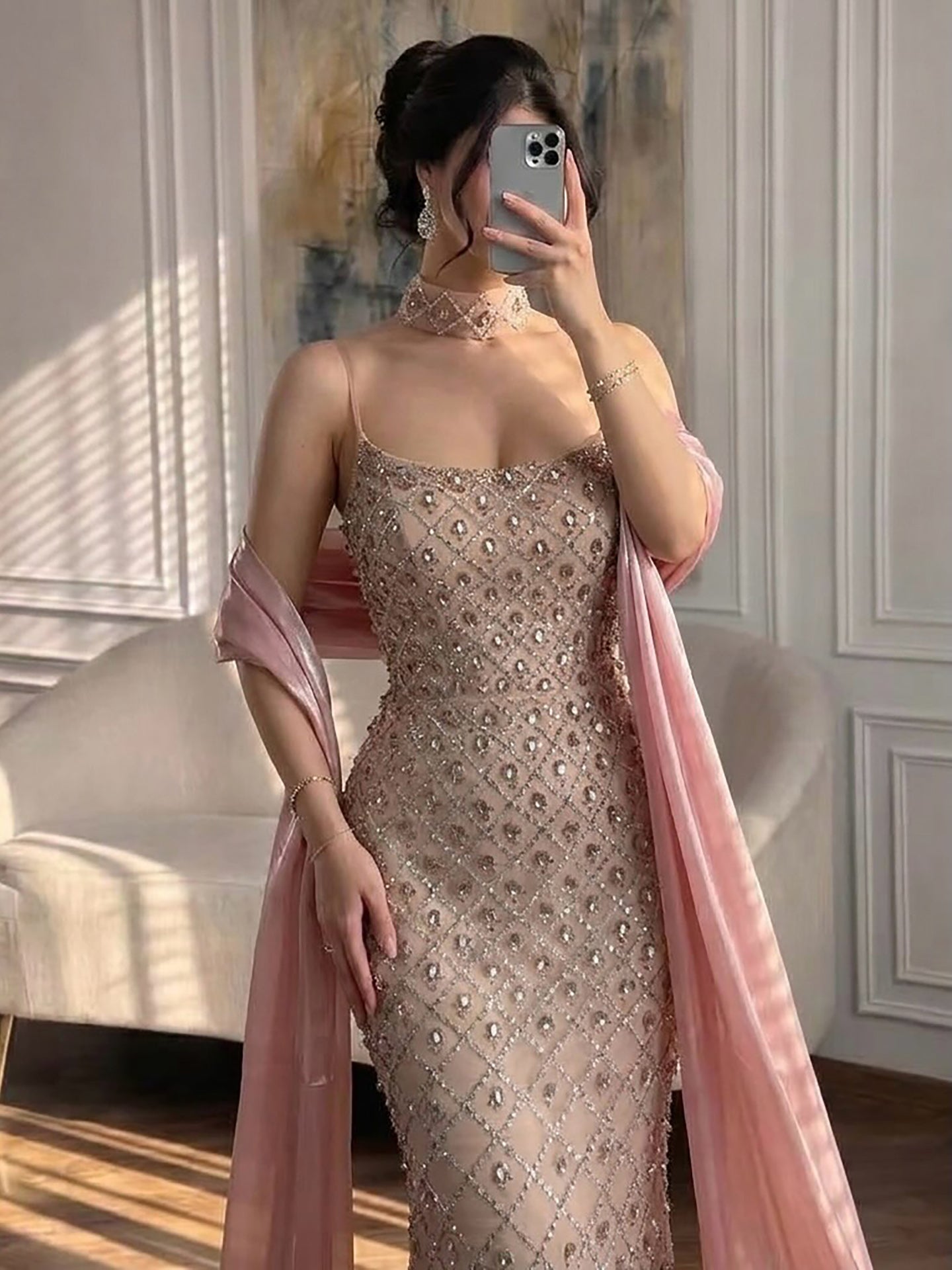 Luxury Pink Beaded Mermaid Evening Dress with Cape LA73366 SERENE HILL