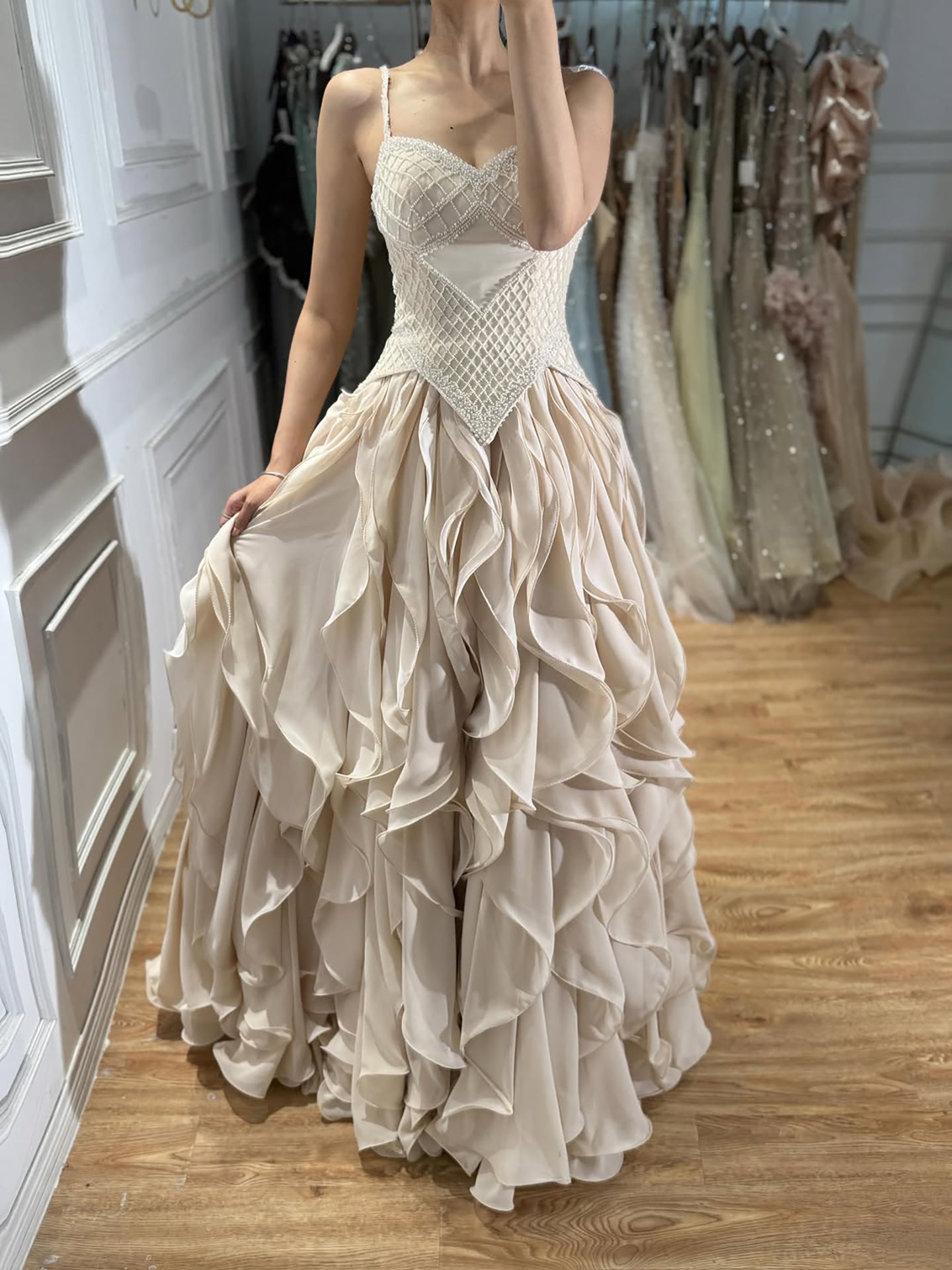 Luxury Cream Beaded A Line Evening Dress Ruffle Tiered Skirt LA73368 SERENE HILL