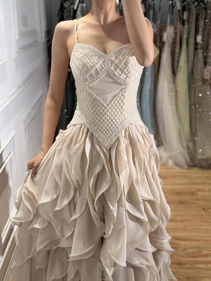 Luxury Cream Beaded A Line Evening Dress Ruffle Tiered Skirt LA73368 SERENE HILL