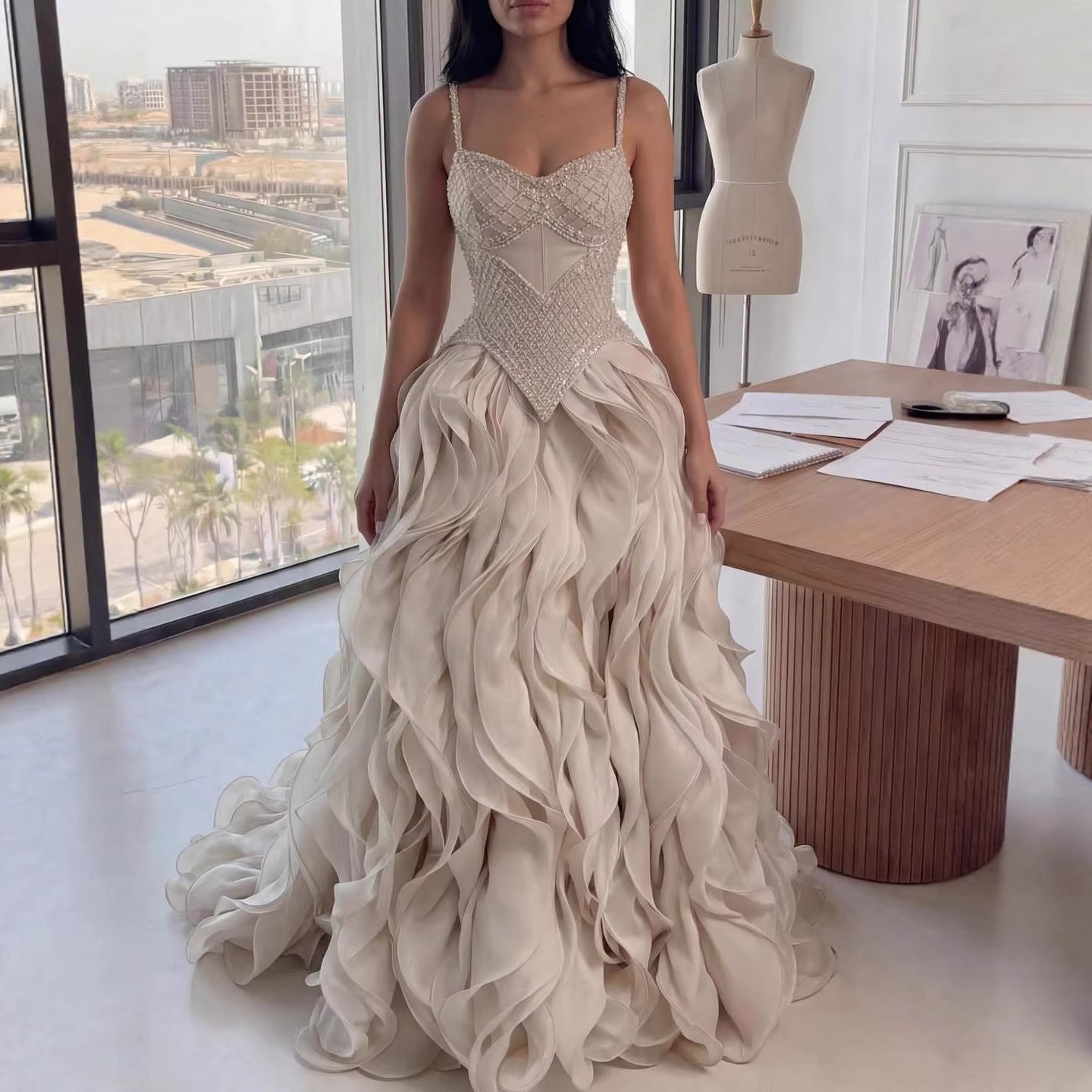 Luxury Cream Beaded A Line Evening Dress Ruffle Tiered Skirt LA73368 - SERENE  HILL