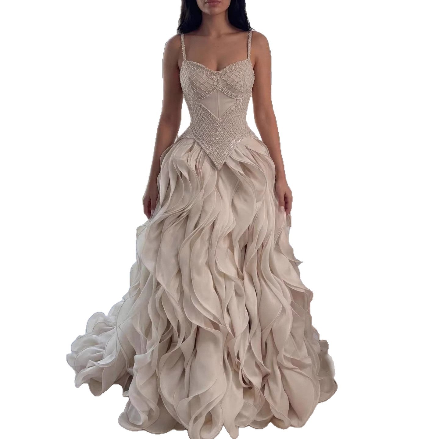 Luxury Cream Beaded A Line Evening Dress Ruffle Tiered Skirt LA73368 - SERENE  HILL