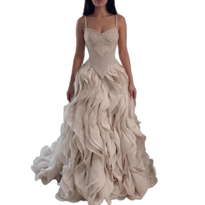 Luxury Cream Beaded A Line Evening Dress Ruffle Tiered Skirt LA73368 - SERENE  HILL