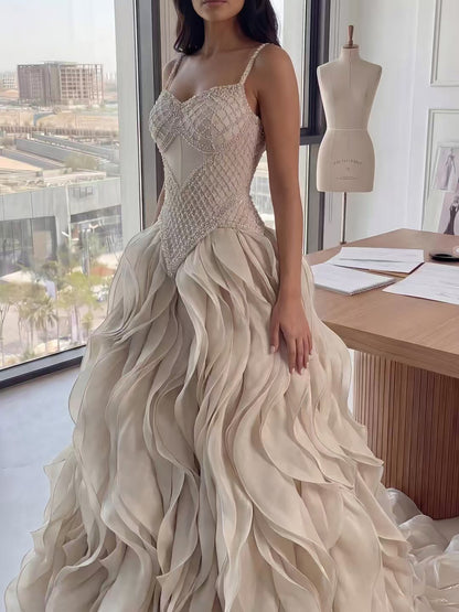 Luxury Cream Beaded A Line Evening Dress Ruffle Tiered Skirt LA73368 - SERENE  HILL