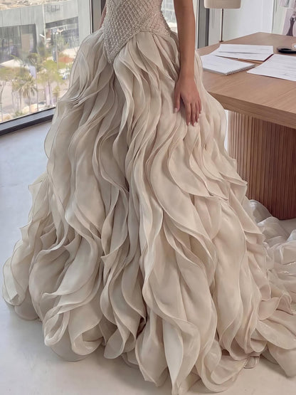 Luxury Cream Beaded A Line Evening Dress Ruffle Tiered Skirt LA73368 - SERENE  HILL