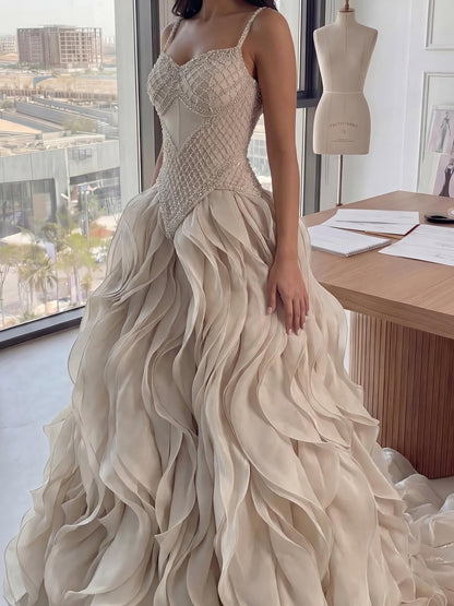 Luxury Cream Beaded A Line Evening Dress Ruffle Tiered Skirt LA73368 - SERENE  HILL