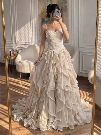 Luxury Cream Beaded A Line Evening Dress Ruffle Tiered Skirt LA73368 SERENE HILL