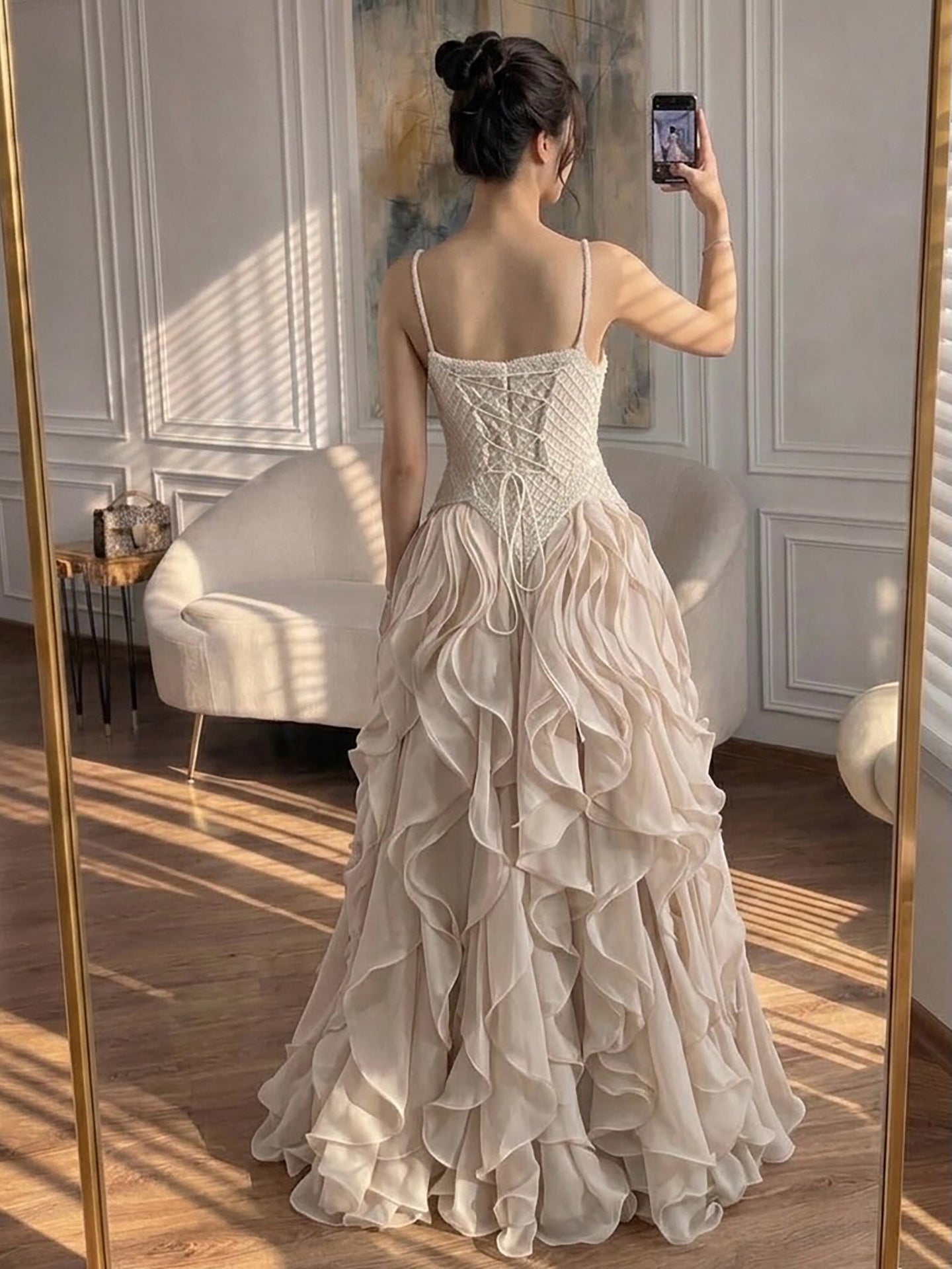 Luxury Cream Beaded A Line Evening Dress Ruffle Tiered Skirt LA73368 SERENE HILL