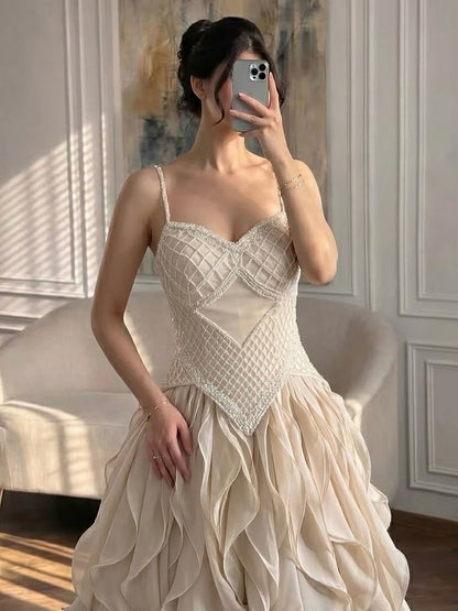 Luxury Cream Beaded A Line Evening Dress Ruffle Tiered Skirt LA73368 SERENE HILL