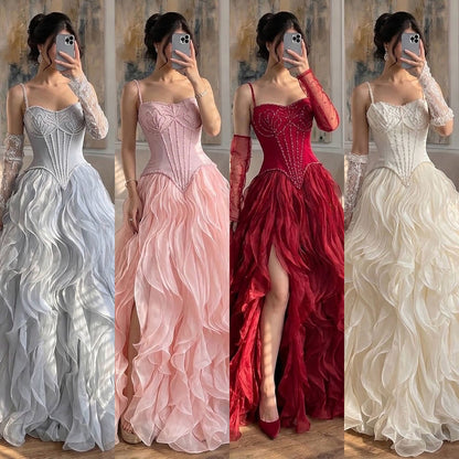 Luxury Gray Beaded Mermaid Corset Tulle Evening Dress With Gloves LA73368A