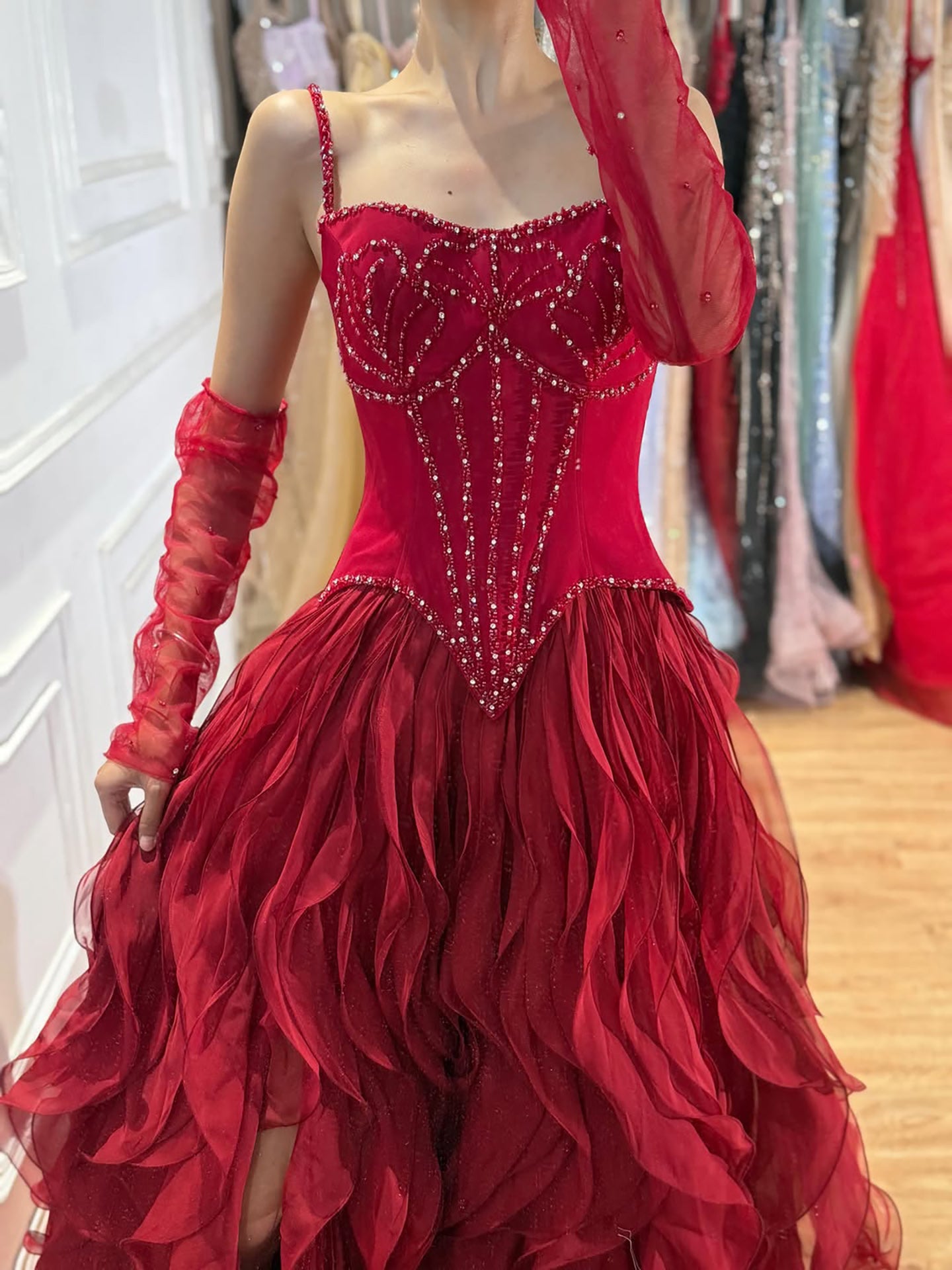 Luxury Gray Beaded Mermaid Corset Tulle Evening Dress With Gloves LA73368A SERENE HILL