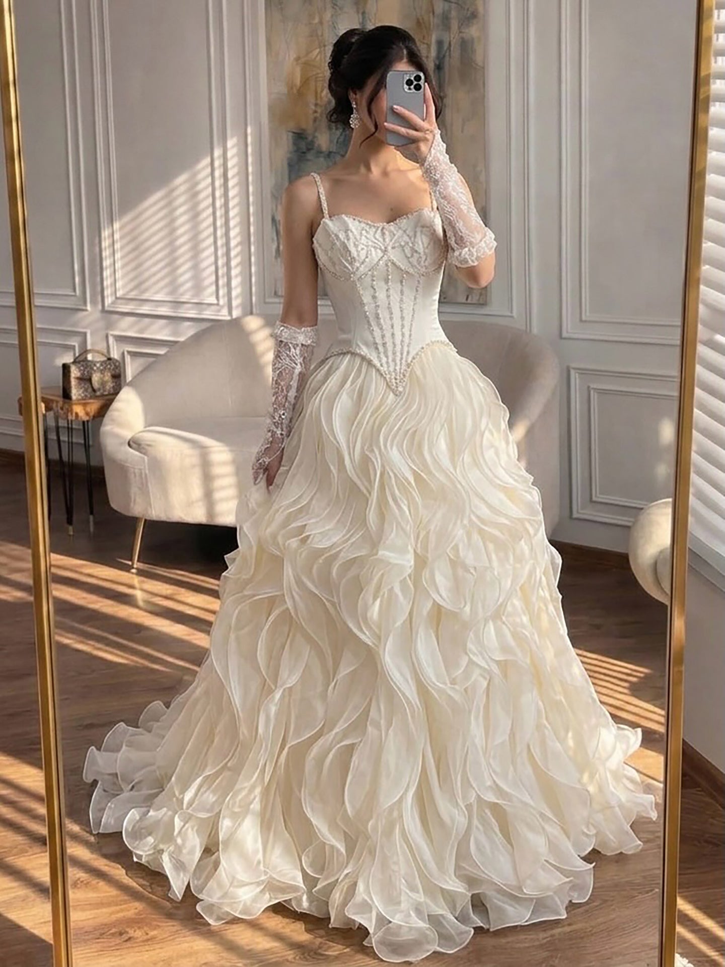 Luxury Gray Beaded Mermaid Corset Tulle Evening Dress With Gloves LA73368A SERENE HILL